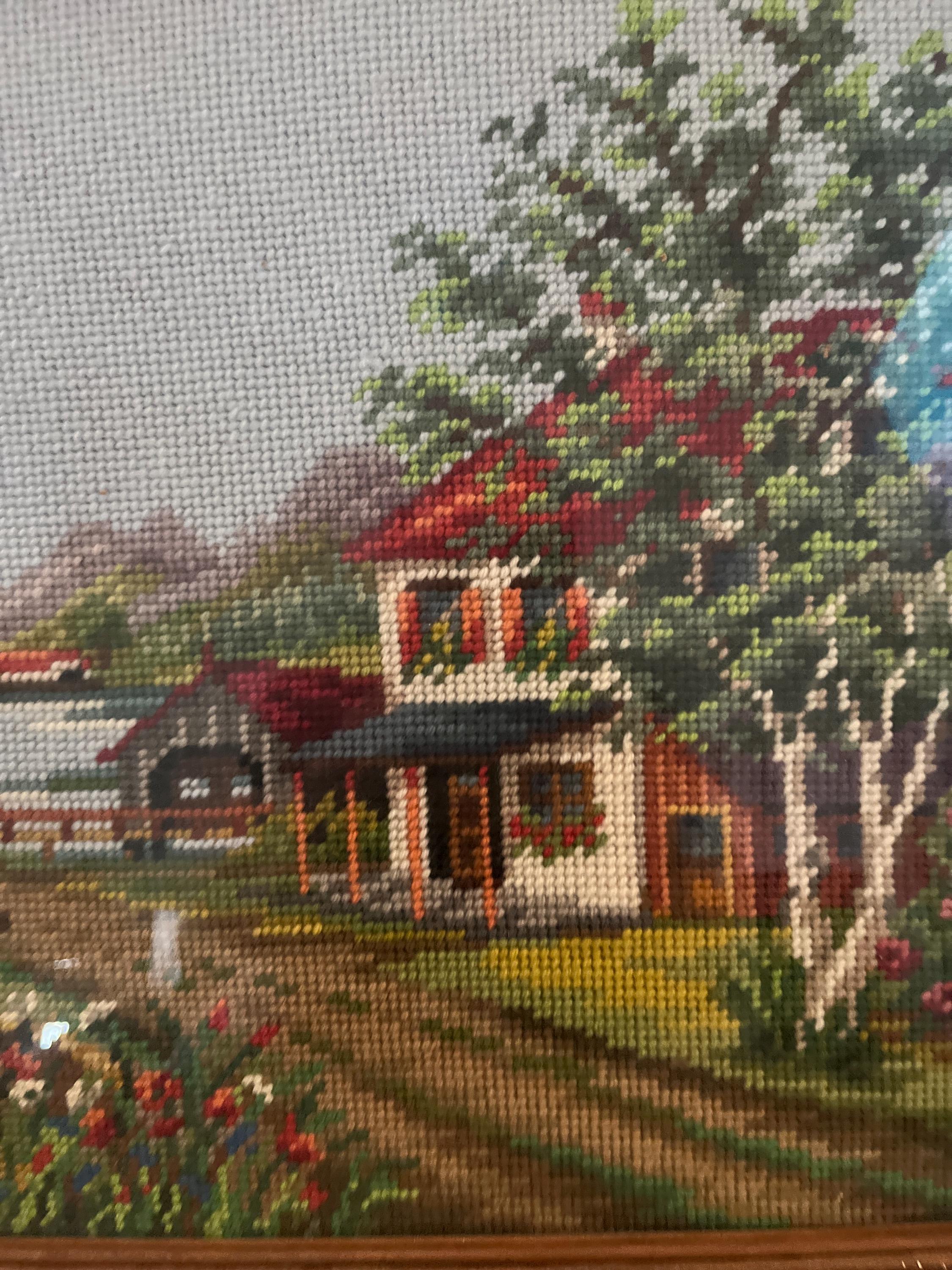 1960年代の額入りニードルポイント：コテージ風景画、すぐに飾れる