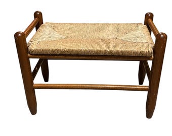 Vintage Rush Seat Bench Wood 1970s.