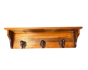 Vintage Solid Wood Wall Shelf with Hooks 23.5" long.
