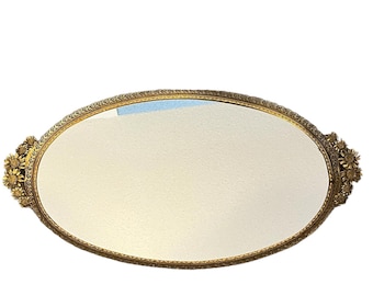 Espejo de tocador ovalado dorado vintage estilo Hollywood Regency 21x11.