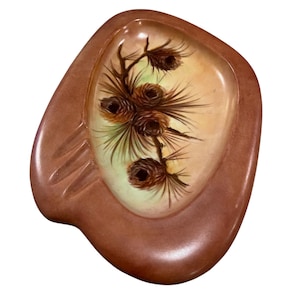 May include: Brown ashtray with a unique shape and a painted botanical design. The center features a detailed illustration of pine cones and needles against a soft, gradient background. The ashtray has a smooth, glossy finish.