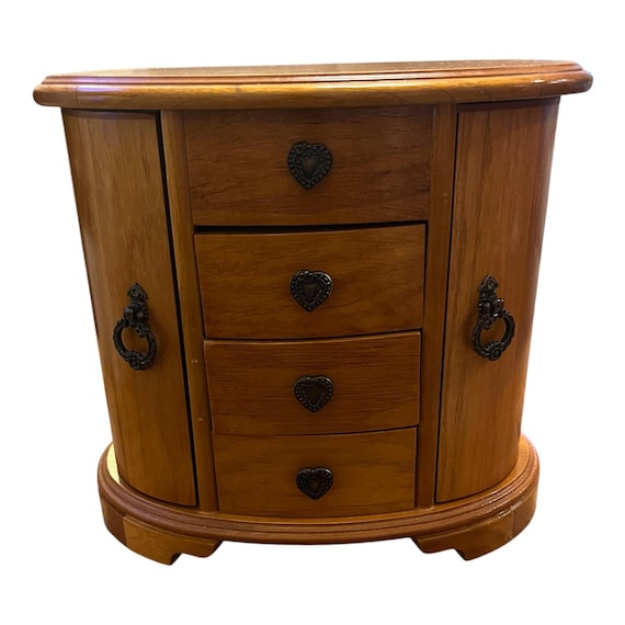 80s Mele Oak Jewelry Box Cabinet with Mirror, 3 Drawers and Side Doors.