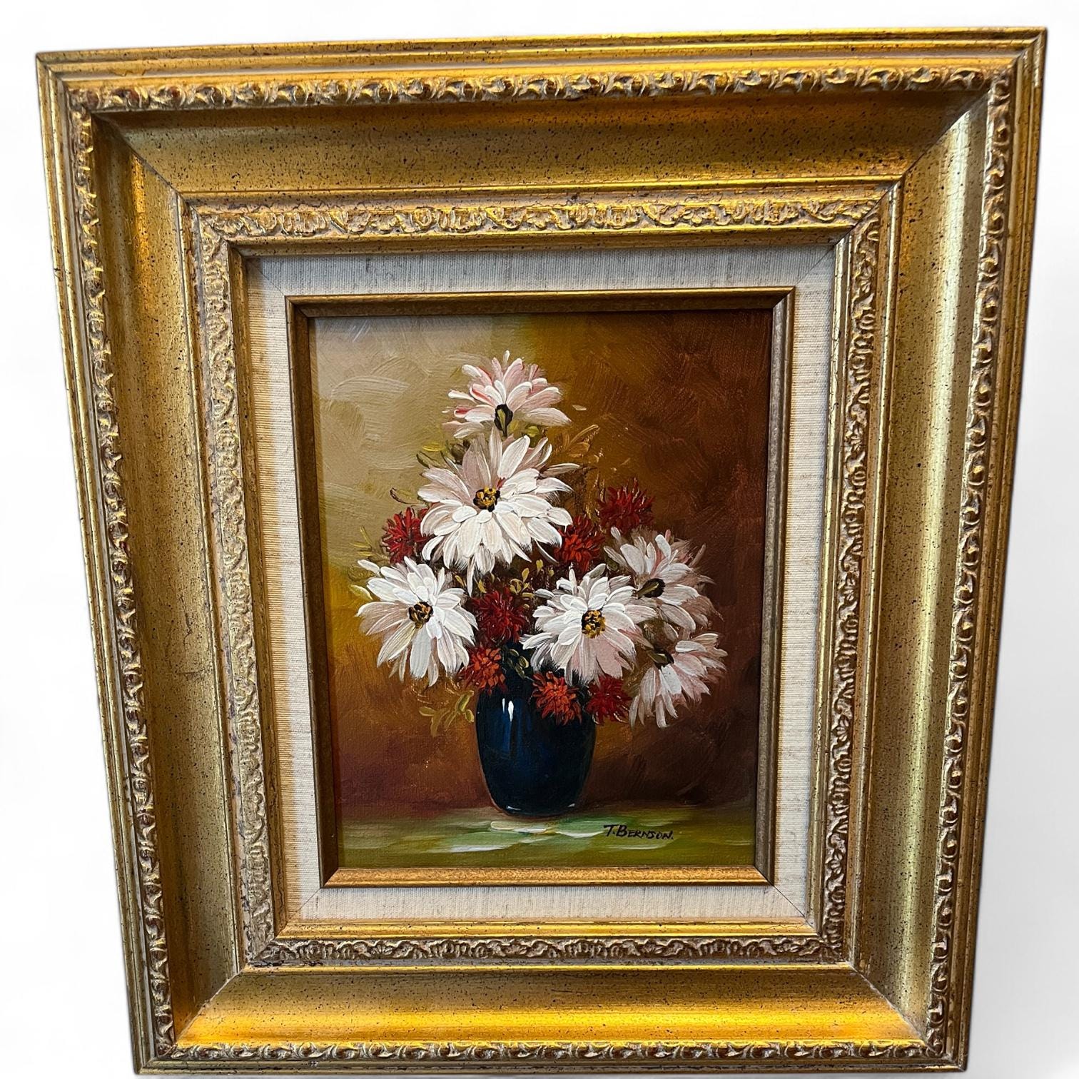 ヴィンテージの花の油絵：金枠入りのオリジナル静物画（サイン入り 