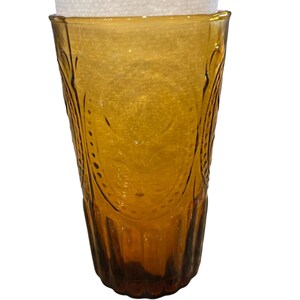 May include: Amber-colored glass tumbler with embossed floral and dot patterns. The tall, cylindrical glass has a slightly flared top and a thick base. The glass is empty and sits against a white background.