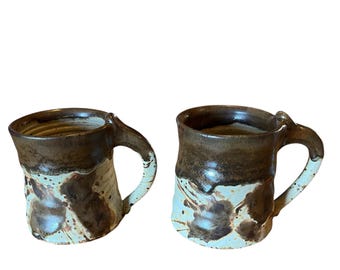 Tazas de cerámica rústica hechas a mano: par de cerámica marrón y crema