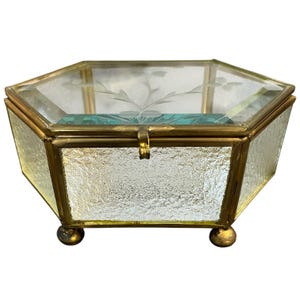 Flambro Vintage Glass Brass Jewelry or Trinket Box with Etched Glass on the Lid.