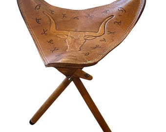 Vintage Western Leather Folding Camp Stool-Tooled Longhorn Tripod Seat. 19" X 15".