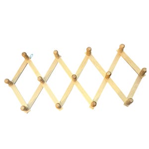 13 Peg Expandable Wall Hanging Rack for Mugs, Scarfs, Jackets, Hats or Jewelry. Natural Wood.