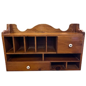 Mid-Century Wooden Desk or Wall Mount Cubby, Featuring Multiple Compartments and Drawers for Organization.