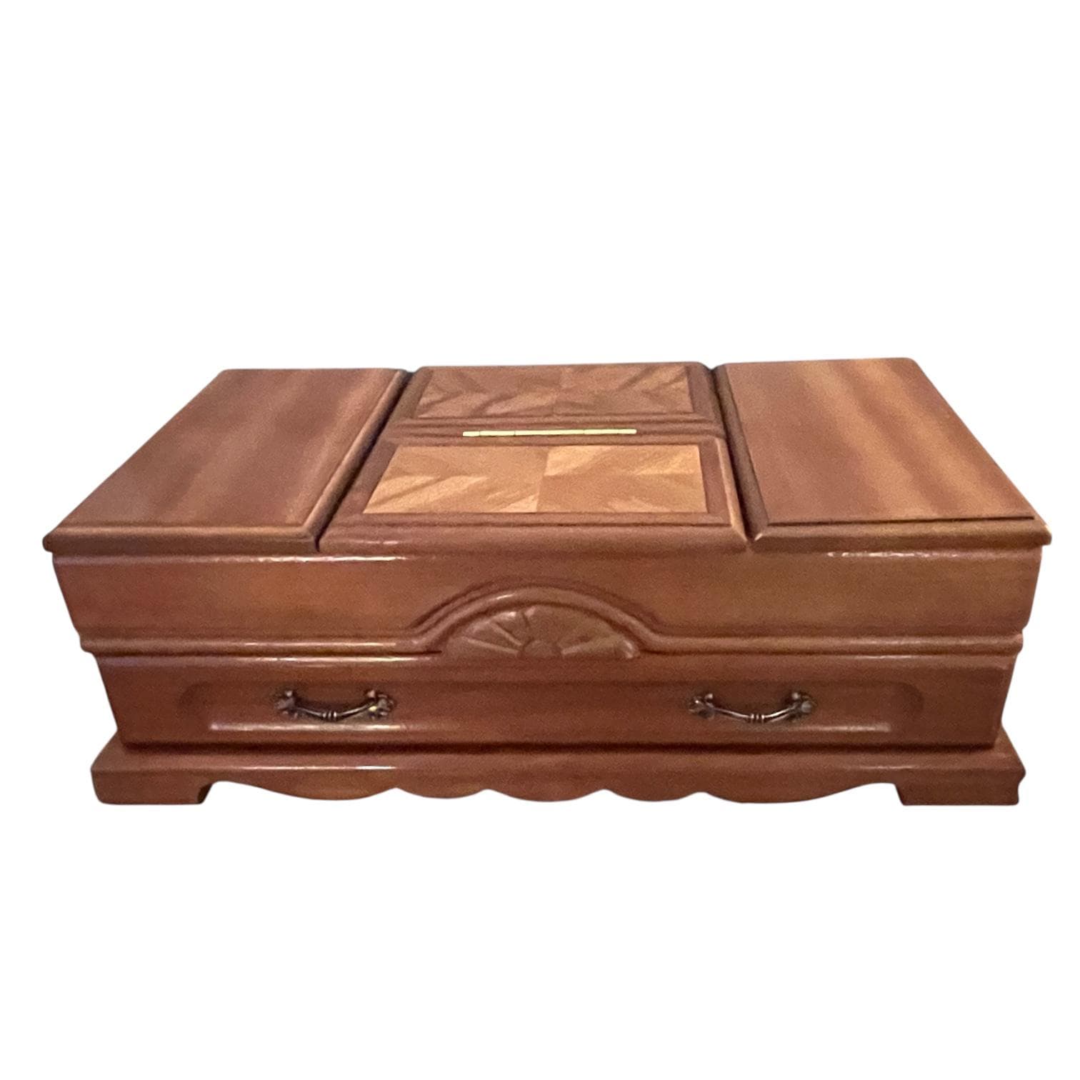 Vintage London Leather Jewelry Box with a Pop-Up Mirror and Inlaid Wood Parquet Top.