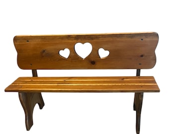 Vintage Heart-Cutout Wooden Doll Bench 29" Long.