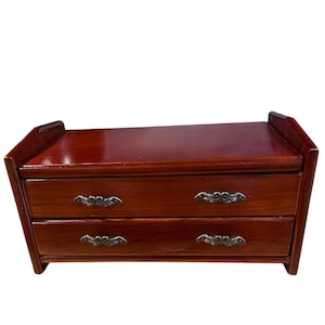 Two Drawer Vintage Jewelry Chest made of Mahogany with a Classic Design, Reminiscent of Midcentury Styles.