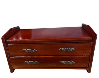 Two Drawer Vintage Jewelry Chest made of Mahogany with a Classic Design, Reminiscent of Midcentury Styles.