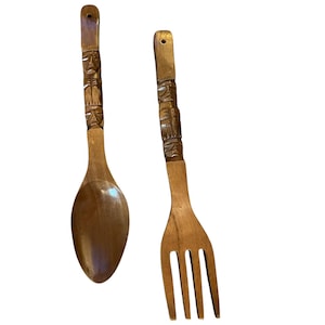 Over-Sized Vintage Carved Wooden Fork and Spoon Set for your Kitchen. Very popular Kitchen Decor in the 50s-70s.