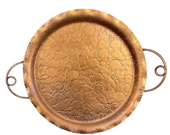 Vintage Embossed Copper Tray: Mid-Century Floral Design (16" Round)