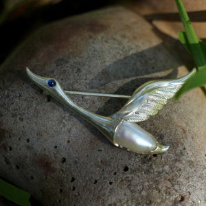 Baroque Pearl Goose Brooch: Sterling Silver Bird Pin with Sapphire Eye