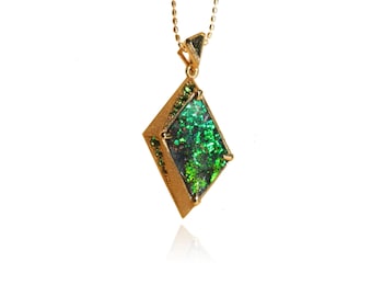 18K Gold Australian Boulder Opal Pendant: Geometric Tsavorite Garnet Accent