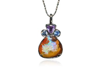 18K White Gold Australian Boulder Opal Pendant: Sapphire Gemstone Necklace