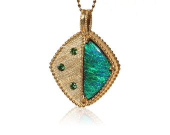 18K Gold Boulder Opal Pendant: Green Fire Rhombus, Reversible Necklace