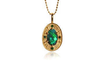 18K Gold Black Opal Pendant: Reversible Olive Branch Design, Tsavorite Accent