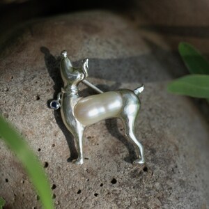 Baroque Pearl Dog Brooch: Sterling Silver Sapphire Collar Pin