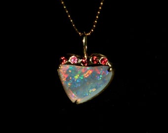 18K Gold Heart Opal Pendant: Australian White Opal & Ruby Accent
