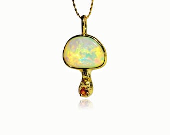 18K Gold Mushroom Pendant: Australian Opal & Orange Sapphire