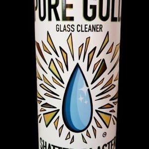 May include: A clear plastic bottle of "PURE GOLD GLASS CLEANER" with a white cap. The label features a blue water droplet design with gold and yellow accents, and the words "SHATTER BLASTER". Made in Canada.