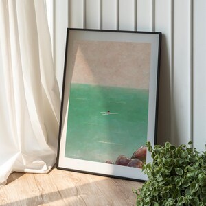 Póster de nadadores serenos: impresión de arte de pared minimalista, decoración de agua verde tranquila, obra de arte con vista aérea, escena pacífica del océano, belleza tranquila