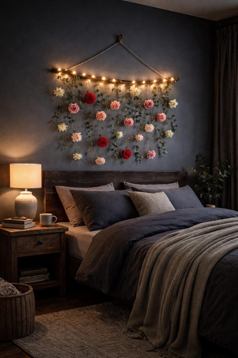May include: A bedroom scene with a dark blue wall and a wooden headboard. A floral arrangement with roses and greenery hangs above the bed, illuminated by string lights. The bed is made with dark blue bedding and a gray blanket. A lamp and nightstand are on the left.