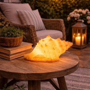 May include: A glowing, seashell-shaped lamp sits on a round wooden table. The lamp emits a warm, inviting light. The scene is set outdoors, with a wicker chair, pillows, and a lantern with a lit candle in the background. The lamp is a unique decorative item.