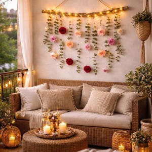 May include: A cozy outdoor living space with a woven sofa, pillows, and a round coffee table. A floral wall hanging with string lights and candles creates a warm, inviting atmosphere. Decorative lanterns and hanging plants add to the ambiance.