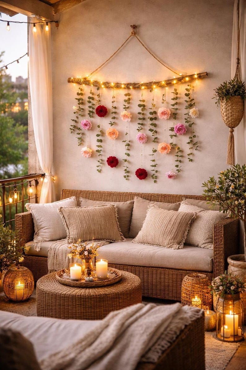 Garland with Fairy Lights- Dried Flower Floral Wall Hanging-Dried Eucalyptus Garland -Mantel Garland-Flower Preservation-Driftwood Wall art