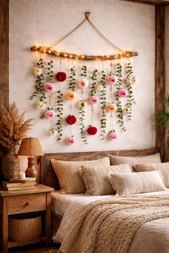 Silk Flower Garland with Fairy  String Lights – Eucalyptus Rosebud Wall Hanging- Wedding Flowers-Handmade Gift Idea-Country Folk Wall Decor
