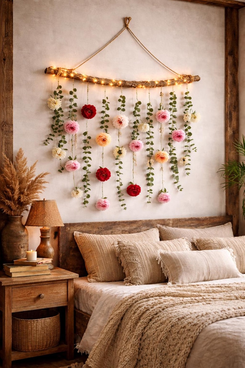 Garland with Fairy Lights, Garland with Fairy Lights, Dried Flower, Floral Wall Hanging, Dried Eucalyptus Garland, Mantel Garland, Flower Preservation, Driftwood Wall art