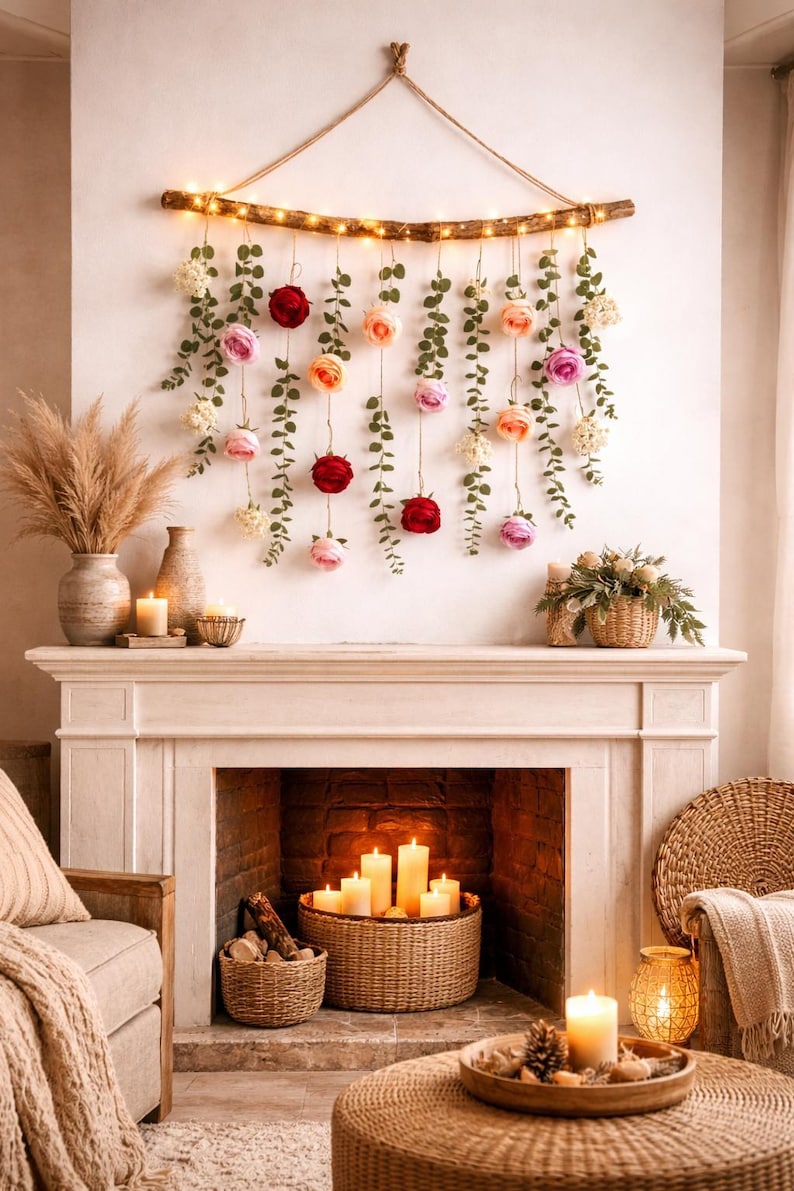 Garland with Fairy Lights, Garland with Fairy Lights, Dried Flower, Floral Wall Hanging, Dried Eucalyptus Garland, Mantel Garland, Flower Preservation, Driftwood Wall art