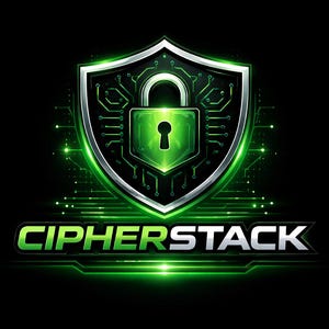 May include: A digital logo featuring a green padlock inside a shield with circuit board patterns. The word "CIPHERSTACK" is displayed in green and white, set against a black background with glowing green accents.