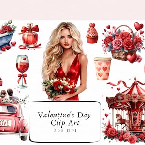 30 Watercolor Valentine&#39;s Day Clipart ,Romantic Watercolor Love Illustrations ,Valentine’s Day Aesthetic Watercolor Clipart PNG Download