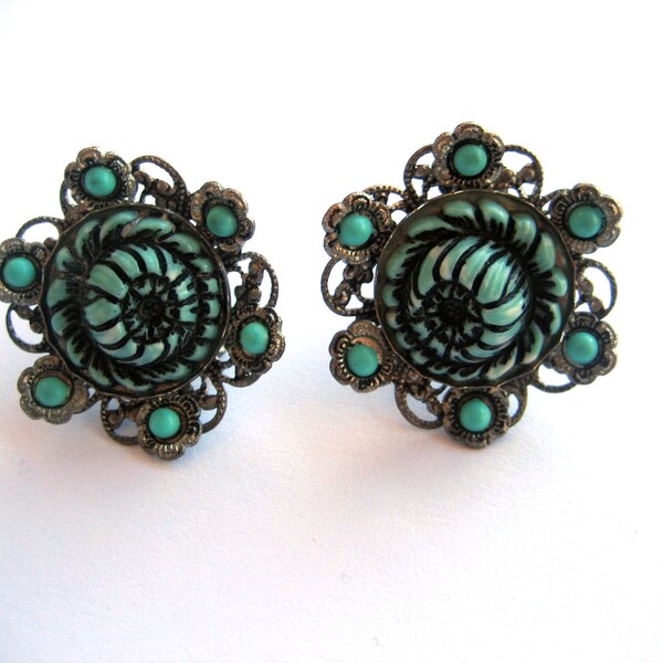 Vintage faux turquoise and silver filigree earrings screwbacks