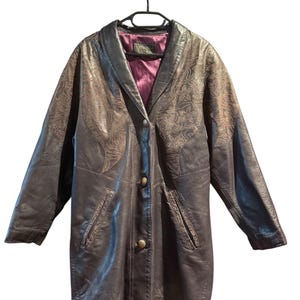 Vintage Victoria Leather Embossed Floral Longline Jacket Coat Brown Boho Western