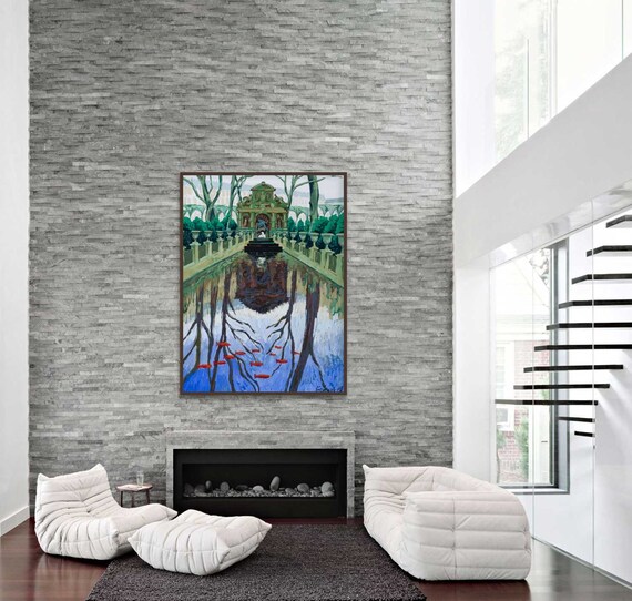 Paris Luxenburgh Gardens medici fountain wall art decor, large oil painting.