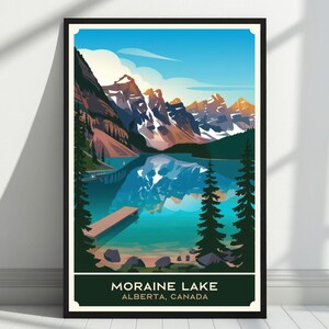 Vintage Travel Poster, Moraine Lake, Alberta, Canada, Pristine Lake Mountain Peaks, Trendy Wall Art, Print on Demand Art