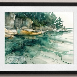 Arte em aquarela de águas calmas - Impressão de paisagem de barco sereno