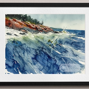 Lake Waves Watercolor Art with Cliff and Coastal Scene