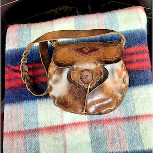 Vintage Painted  and Tooled Leather Saddle Bag Handmade 1960s