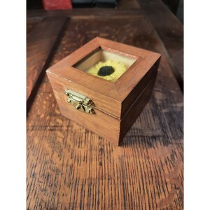 Puede incluir: Una pequeña caja de madera con tapa de vidrio, que muestra un girasol amarillo prensado. La caja tiene un cierre y bisagras de latón.