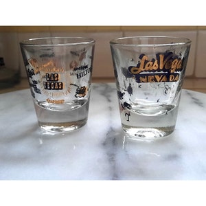 Vintage Shot Glass 2pc Set Las Vegas Nevada Hotel Casino Tourism Barware Shooters 1960s Gold Foil