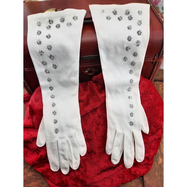 Vintage Womens Gloves by May Co. Starburst Ivory 14" Beaded 1950s