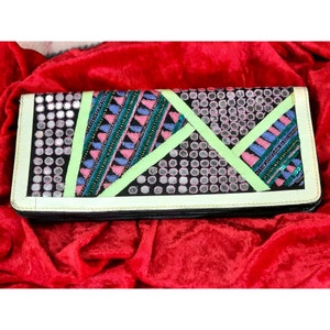Vintage Nicole Miller Leather Rajasthani Jaipuri Mirror Clutch 1990s