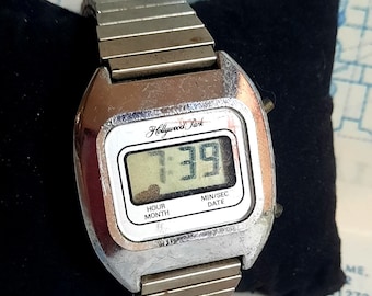 Vintage Hollywood Park Casino Racetrack digitaal lcd-horloge stretch band nieuwe batterij herenhorloge jaren 1980